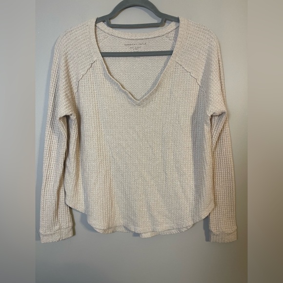 American Eagle Outfitters Tops - American Eagle Women's Cream V-Neck Waffle Knit Top